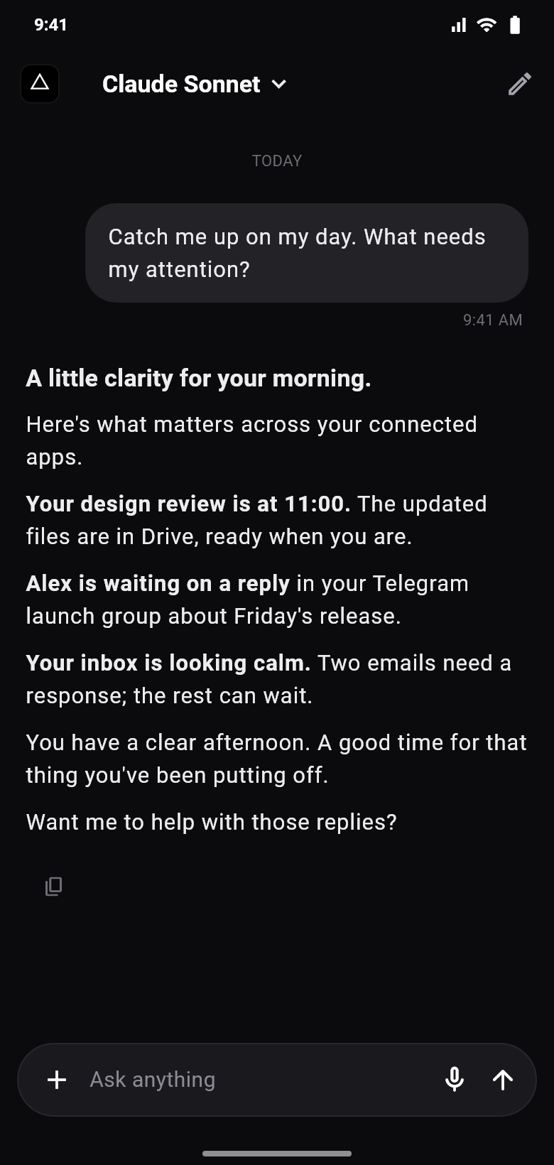 Triangle assistant catching up on messages, email and calendar. Fictional sample conversation.