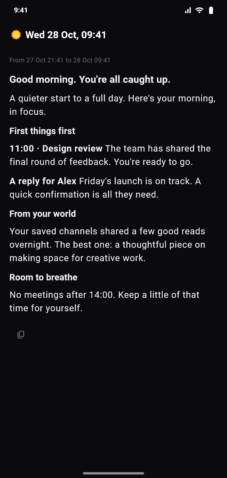 Triangle morning brief listing the day’s priorities. Fictional sample content.
