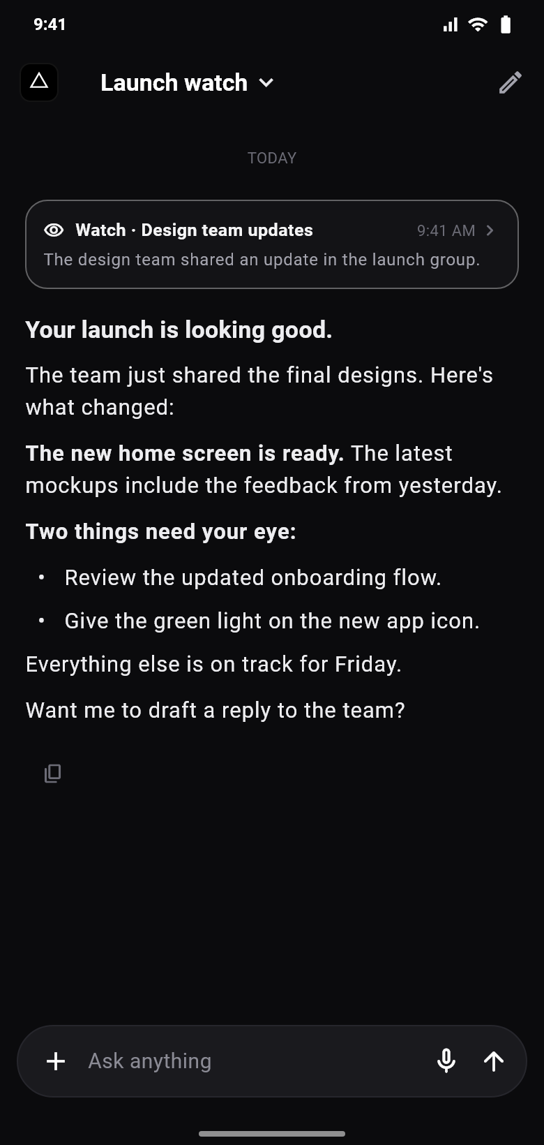 Triangle watch update summarizing a team’s launch progress. Fictional sample conversation.